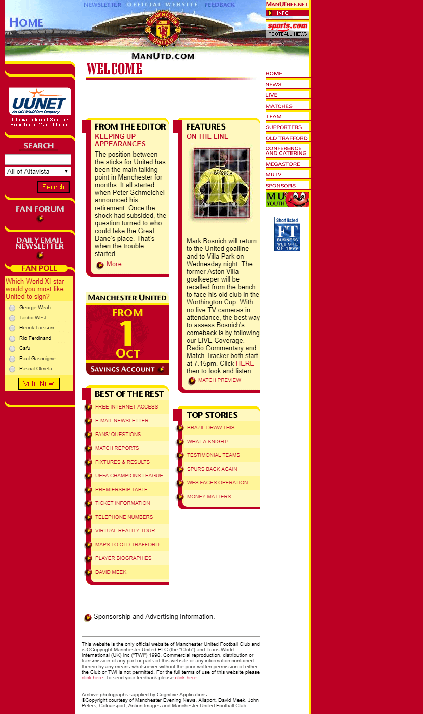 Manchester United F.C. website in 1999