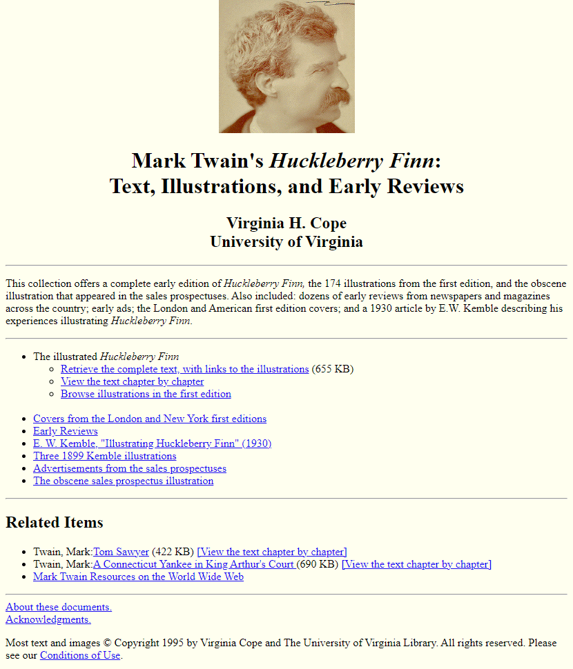 Mark Twain’s Huckleberry Finn website in 1995