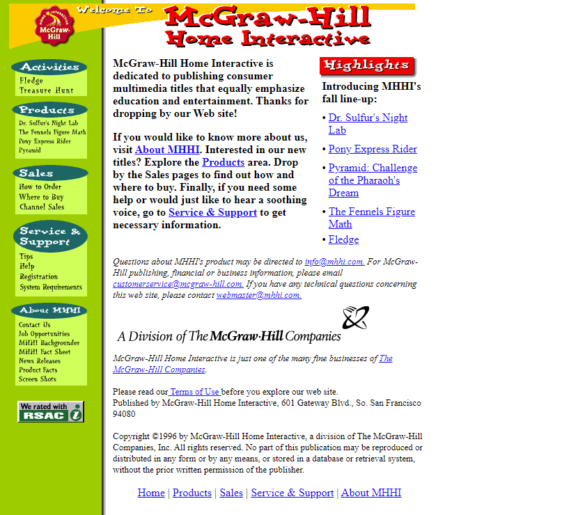 McGraw-Hill Home Interactive website in 1996