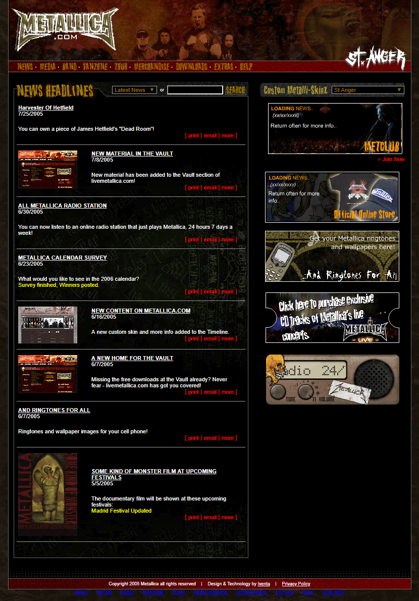 Metallica website in 2005