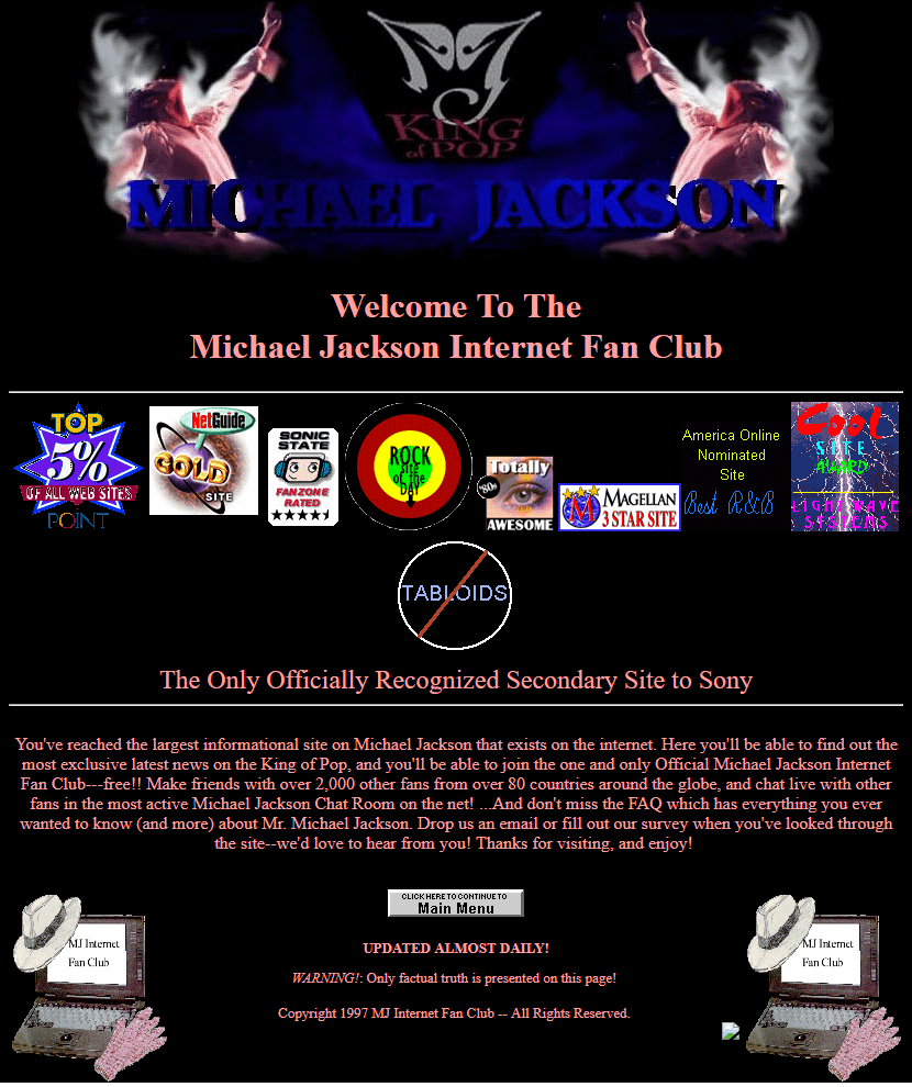 Michael Jackson Fan Club website in 1997