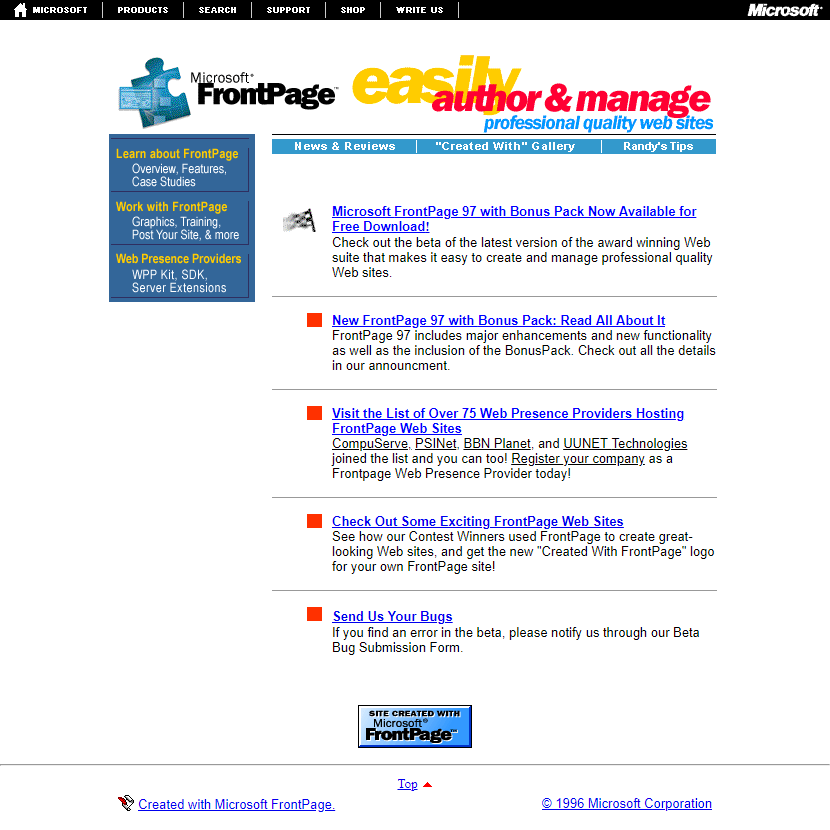 Microsoft FrontPage website in 1996
