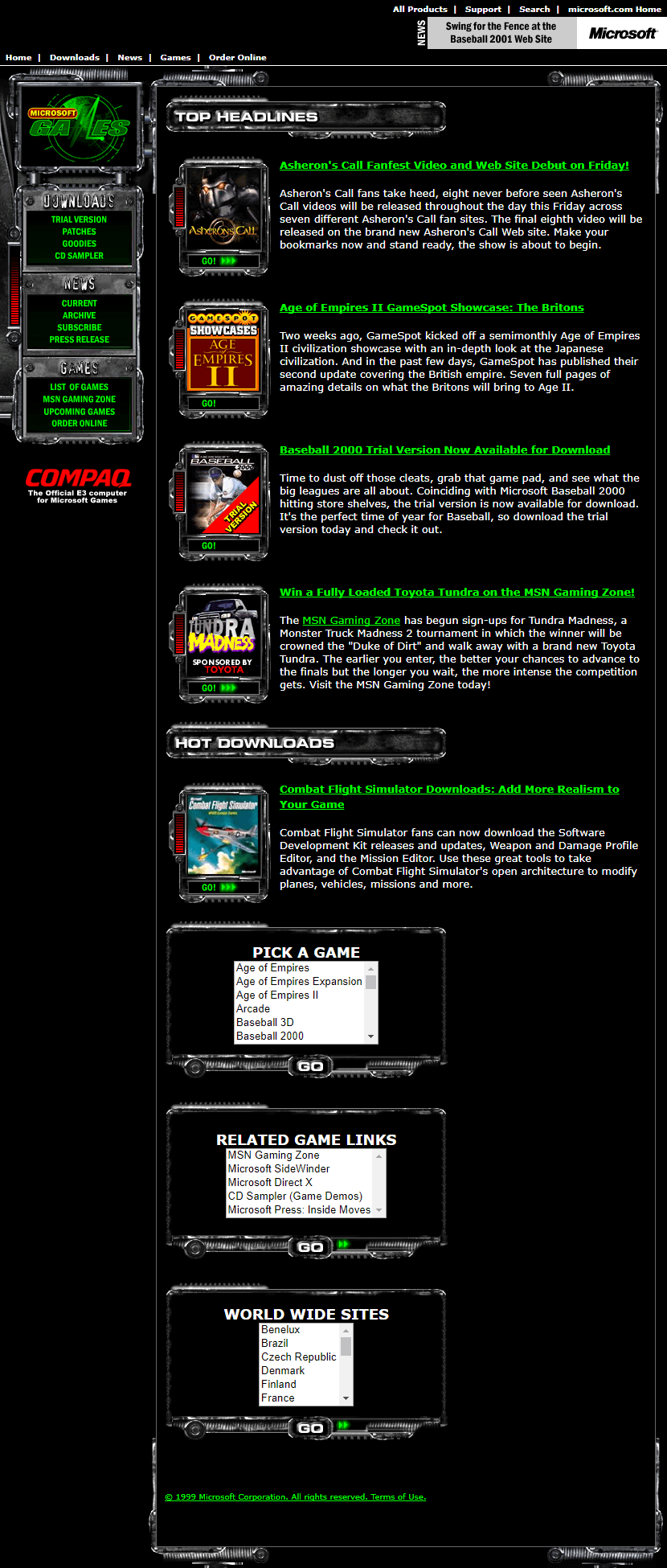 Microsoft Games website in 1999