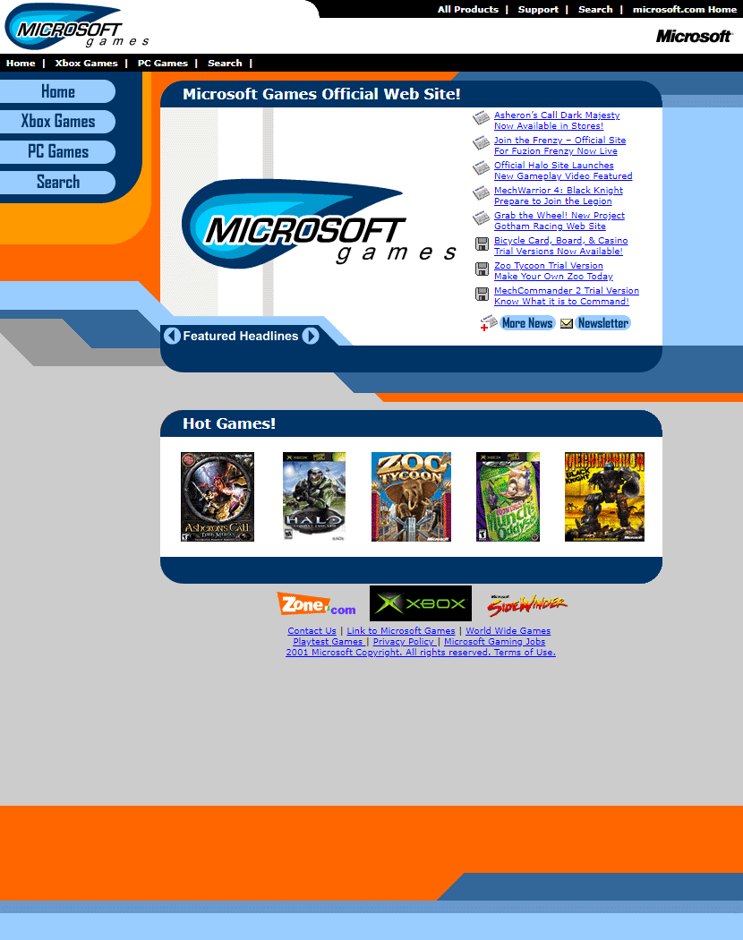 Microsoft Games website in 2001