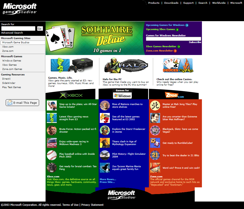 Microsoft Games Studios website in 2003