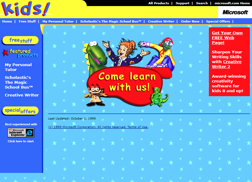 Microsoft Kids website in 1999