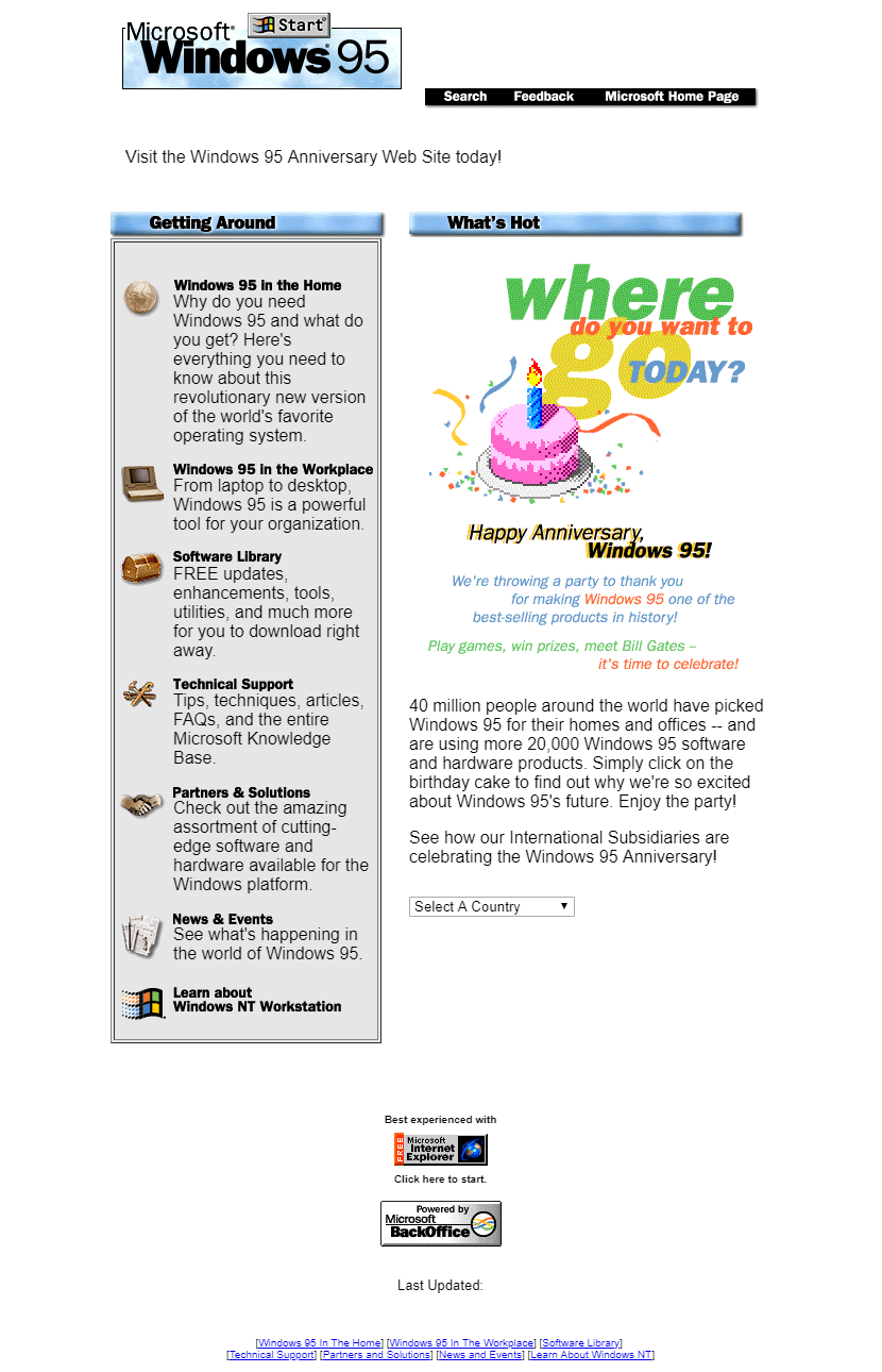 Microsoft Windows 95 website in 1996