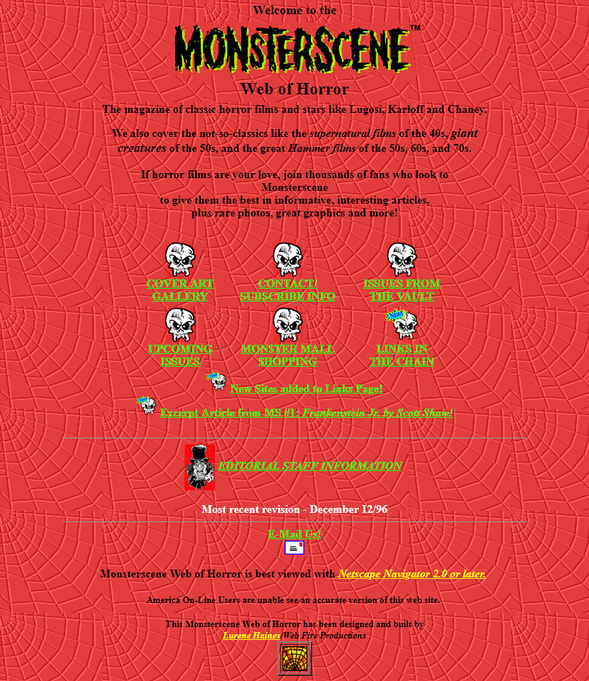 Monsterscene Web of Horror website in 1996
