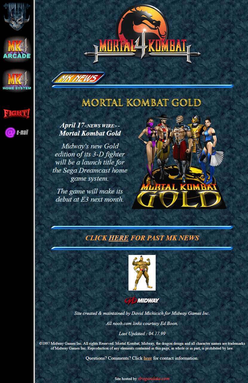 Mortal Kombat Gold website in 1999