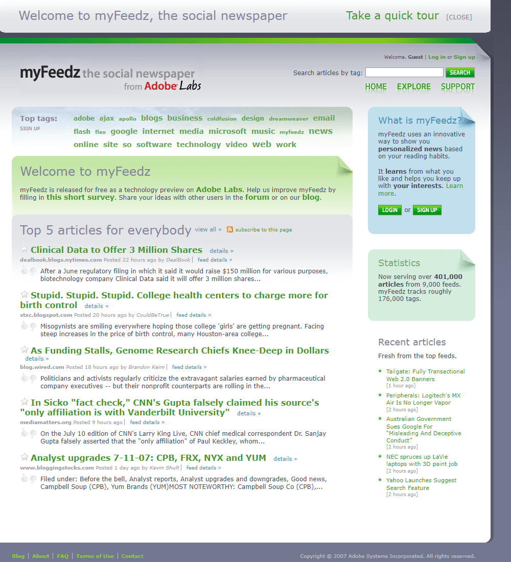 myFeedz website in 2007