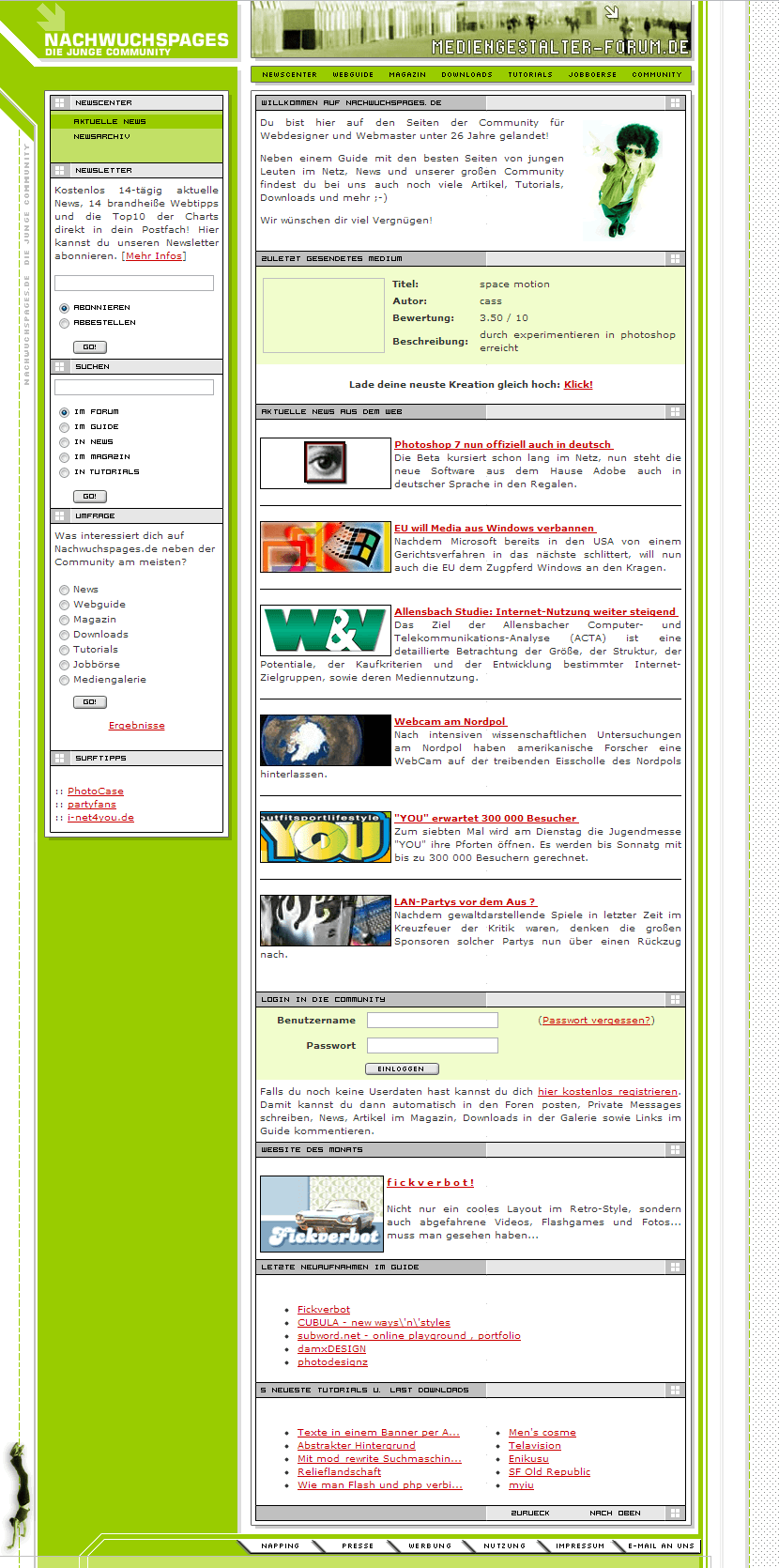 Nachwuchspages website in 2002