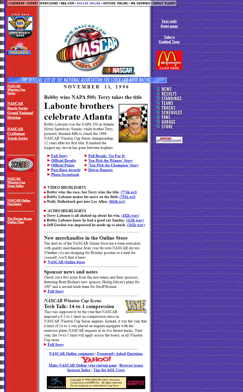 Nascar website in 1996