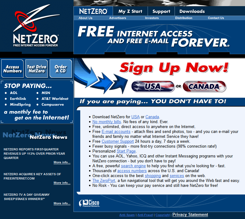 NetZero website in 2000