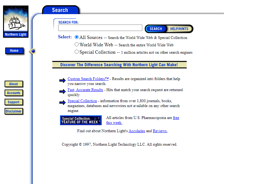 Northern Light Search website in 1997