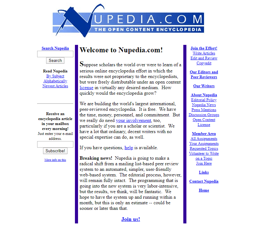 Nupedia website in 2000