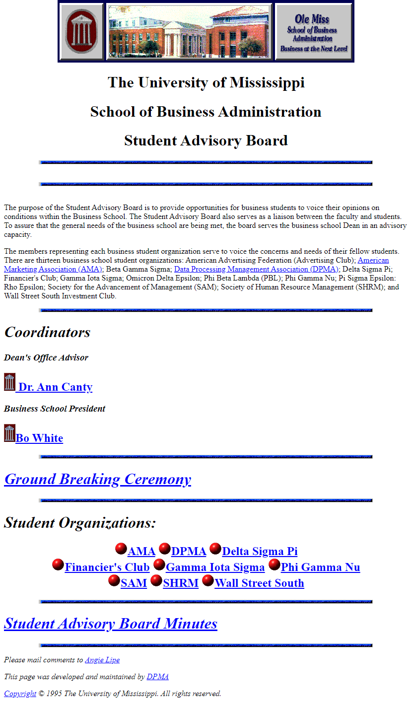 Ole Miss Business School Student Advisory website in 1995