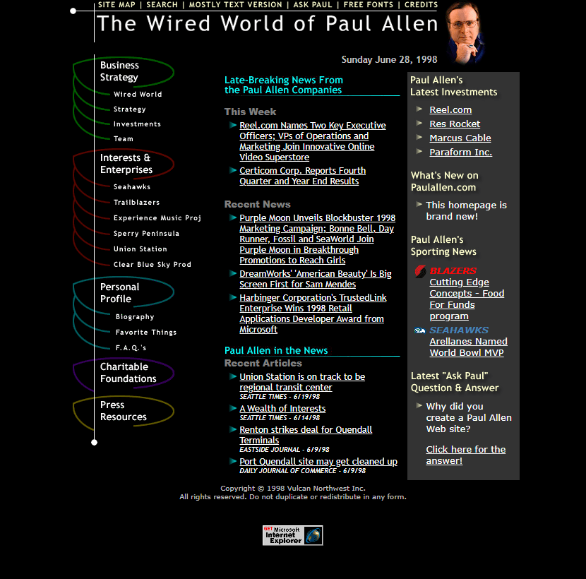 Paul Allen’s Wired World website in 1998