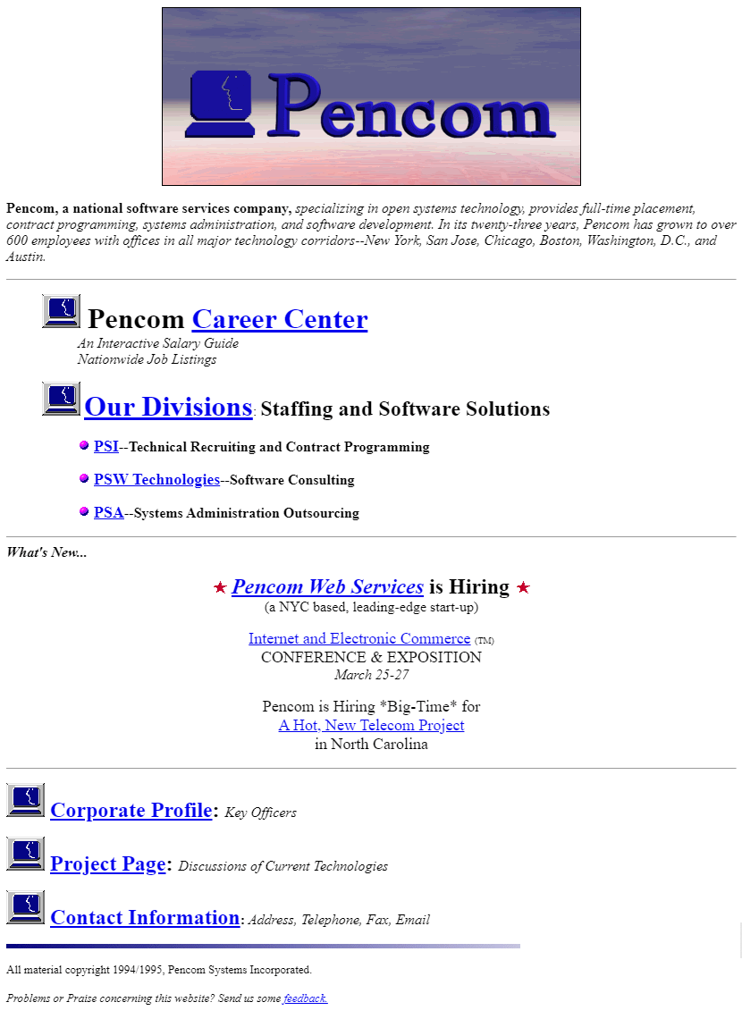 Pencom website in 1995