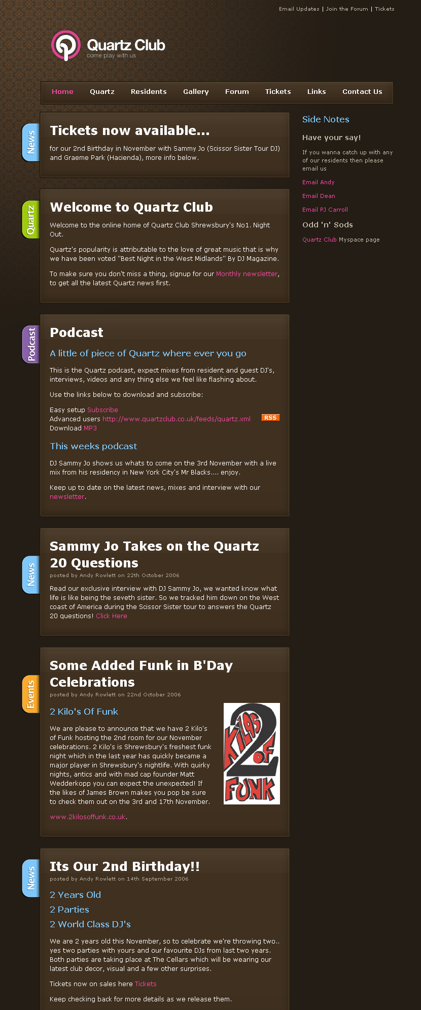 Quartz Club website in 2006