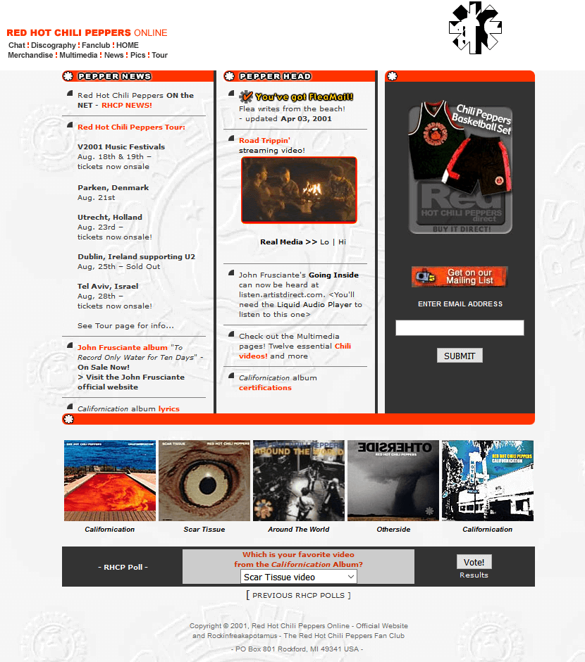 Red Hot Chili Peppers website in 2001