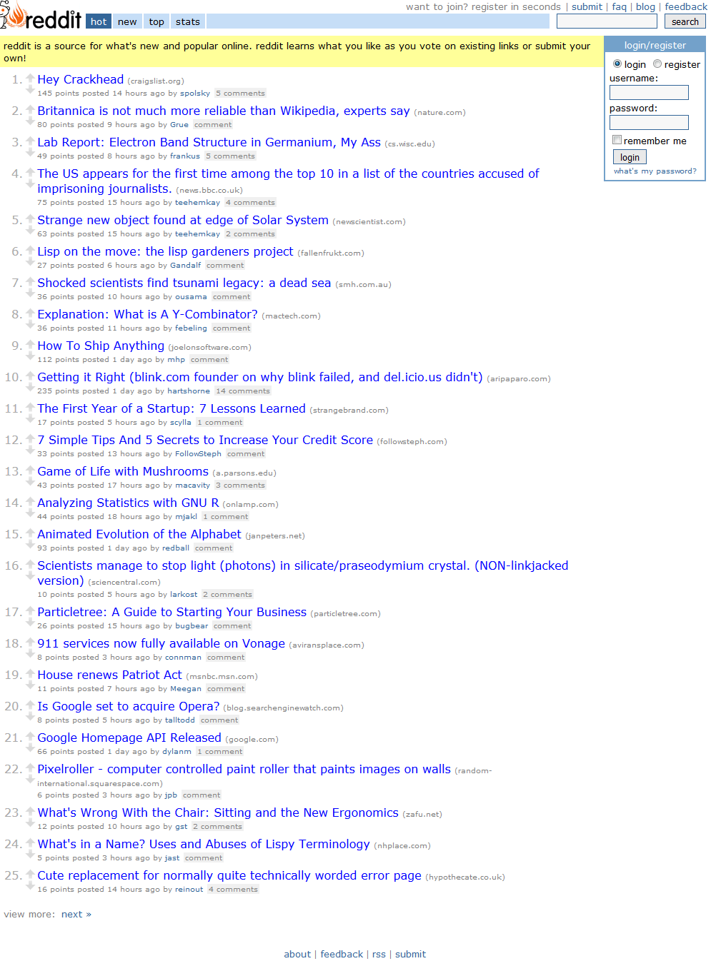 Reddit website in 2005