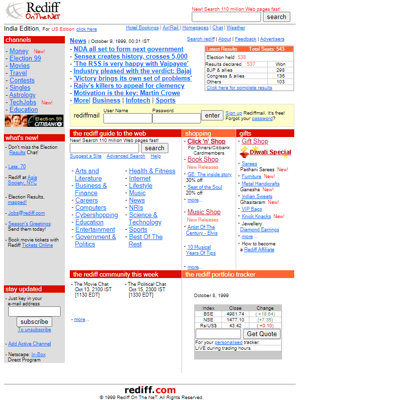 Rediff On The NeT website in 1999