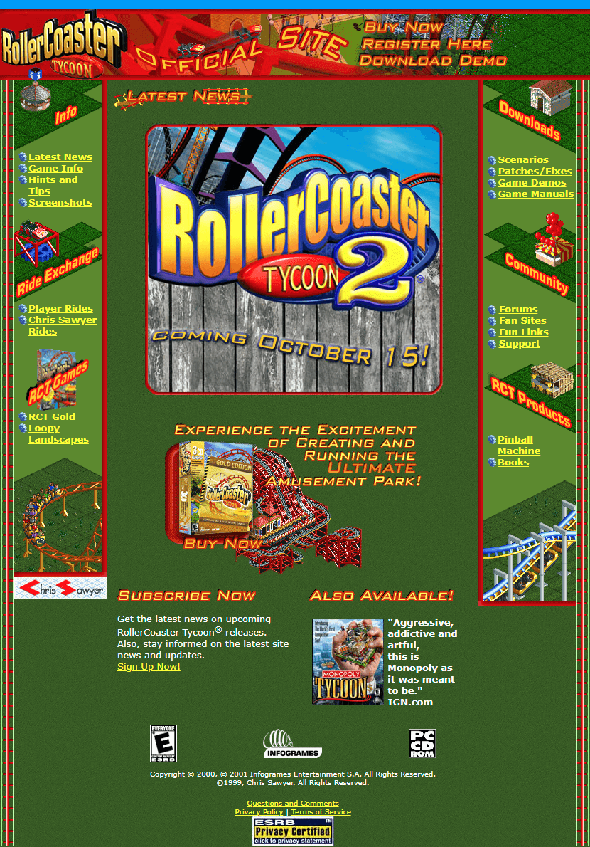 RollerCoaster Tycoon website in 2002