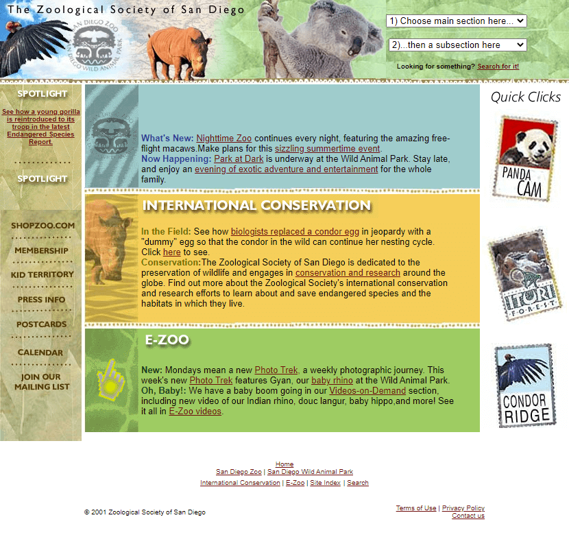 San Diego Zoo website in 2001