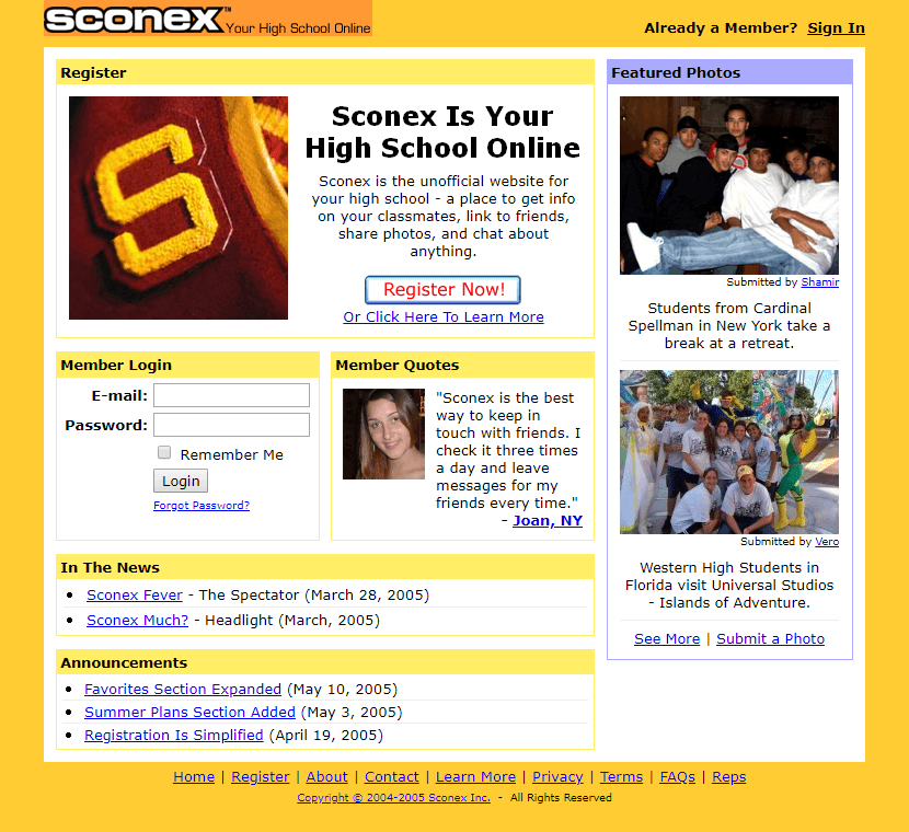 Sconex website in 2005