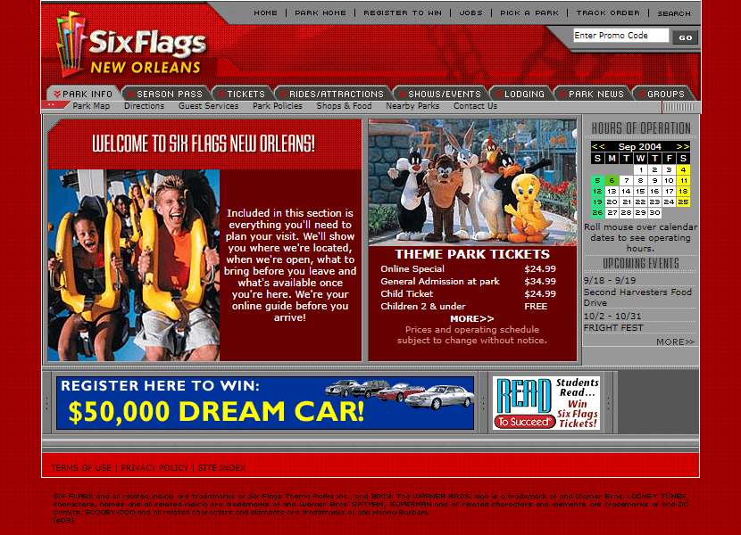 Six Flags website in 2004