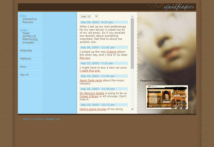 Squidfingers website in 2003
