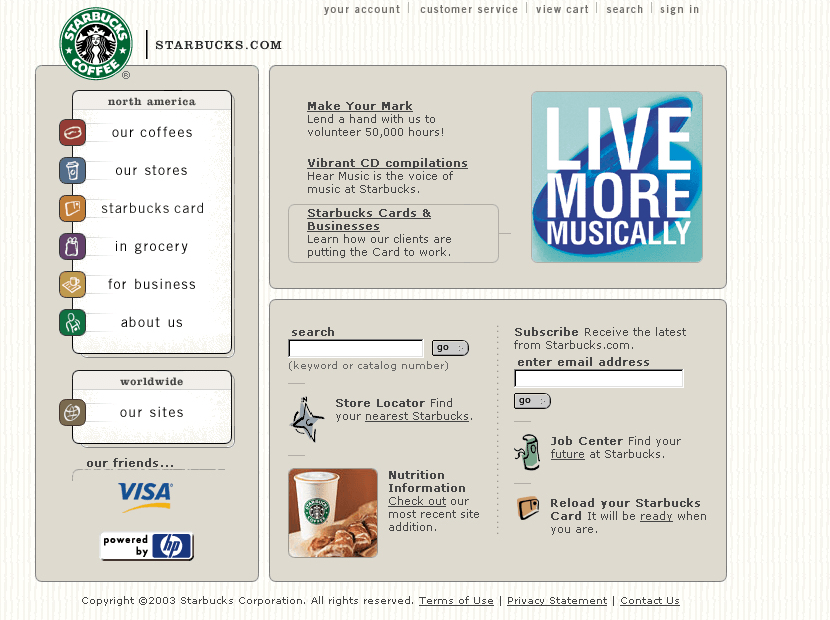 Starbucks website in 2003