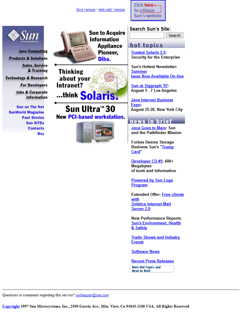 Sun Microsystems website in 1997