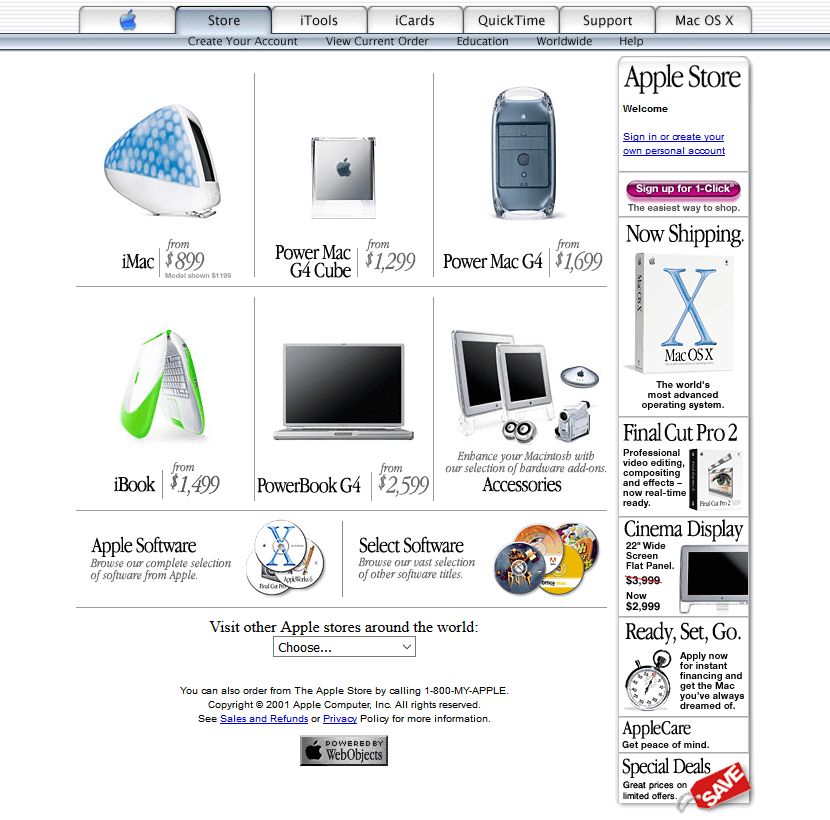 The Apple Store website in 2001