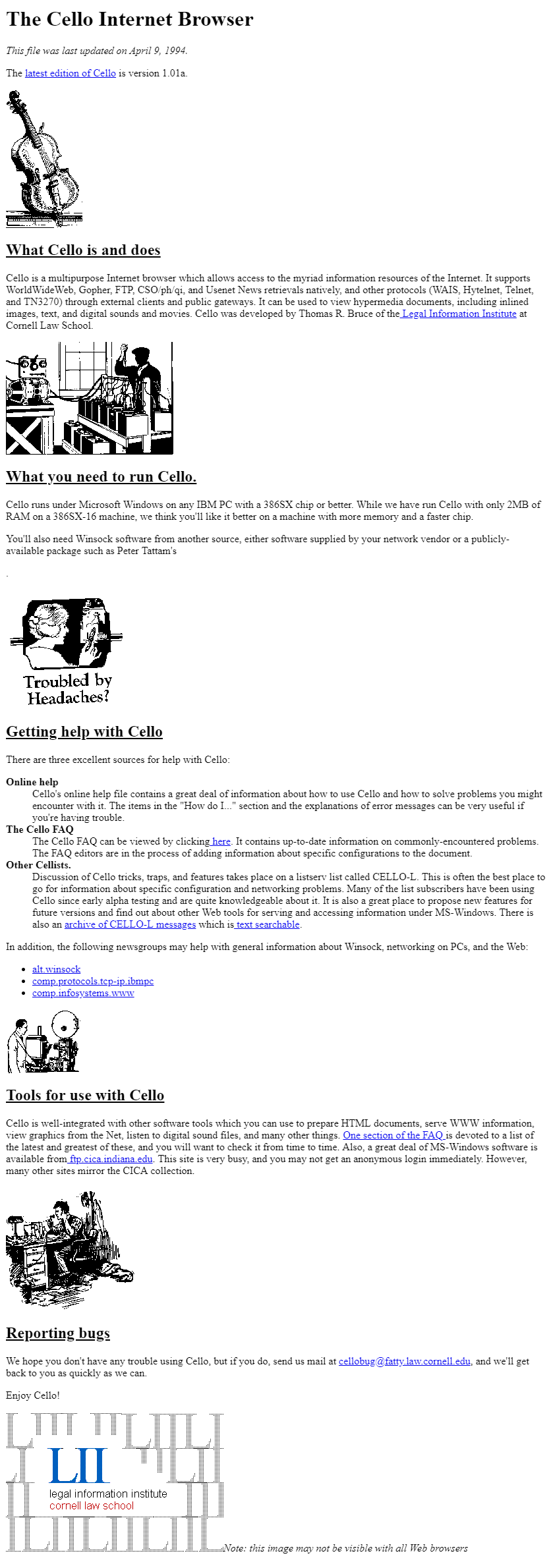 The Cello Internet Browser website in 1994