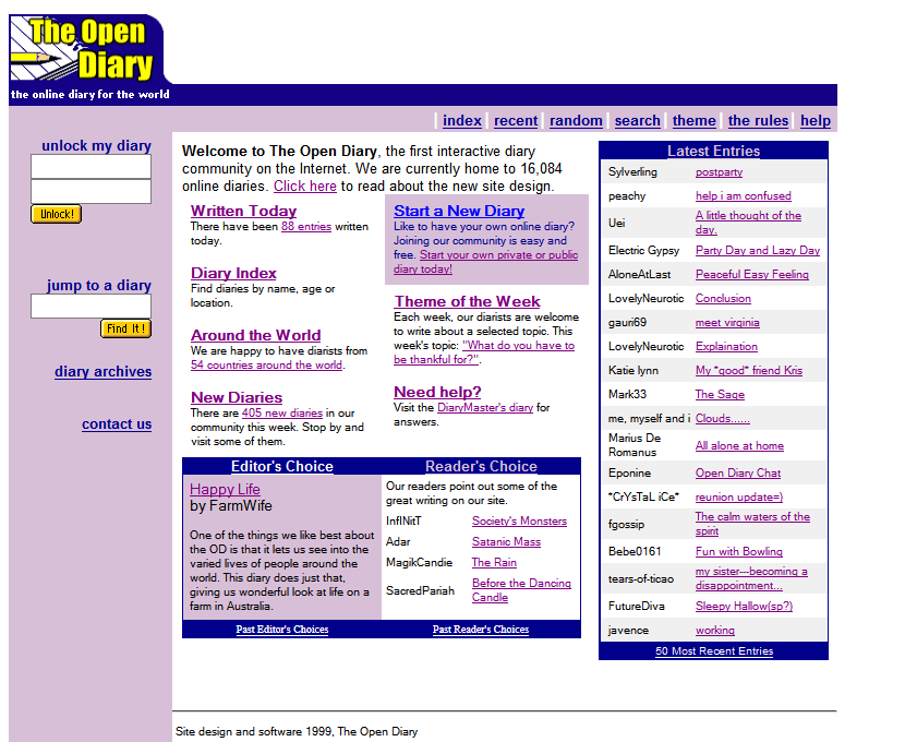 The Open Diary website in 1999