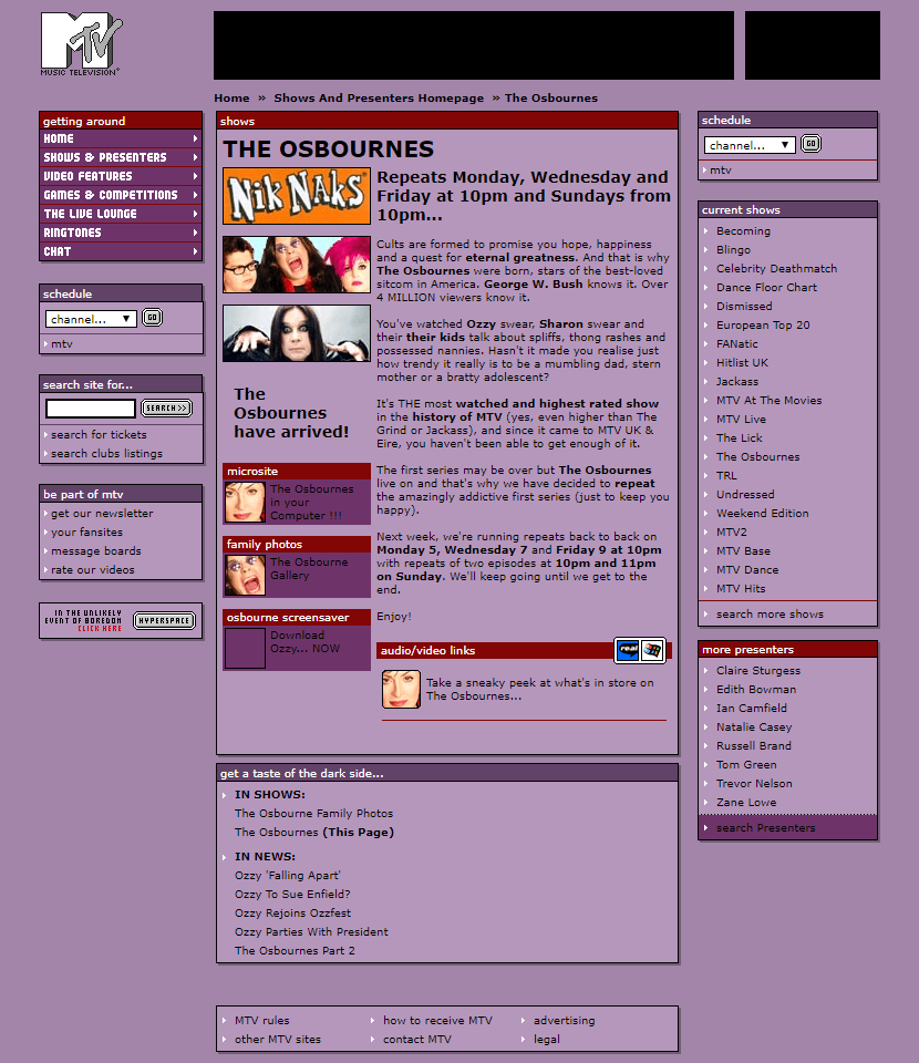 The Osbournes website in 2002