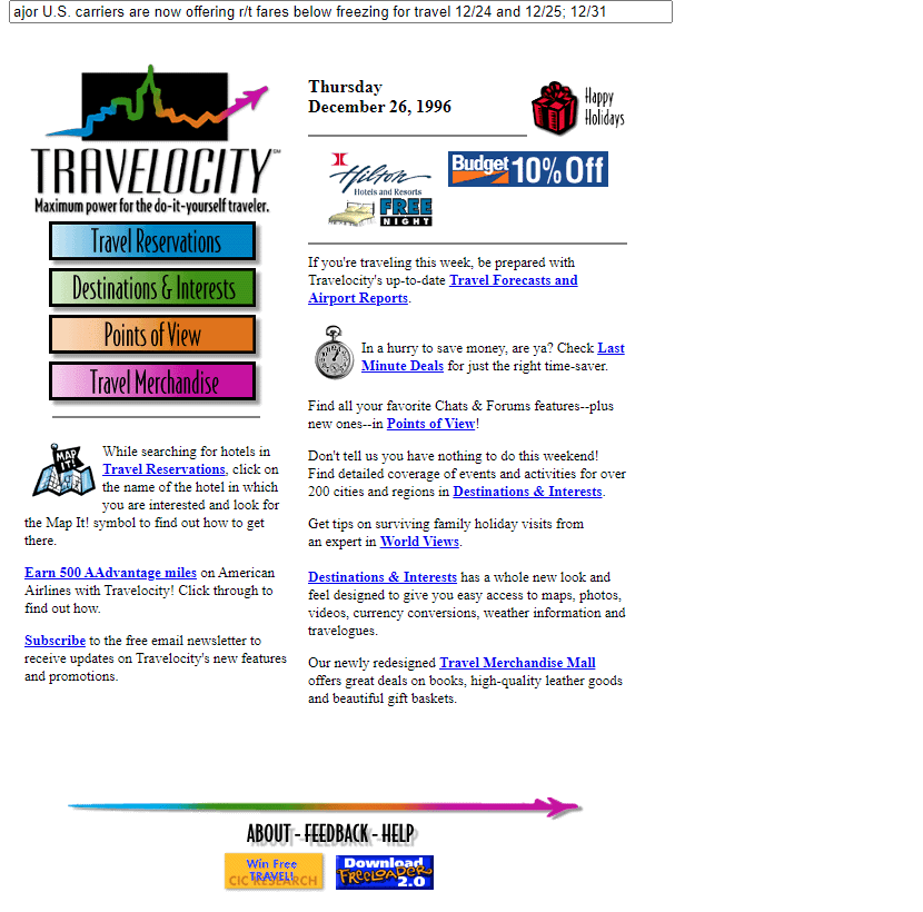 Travelocity website in 1996