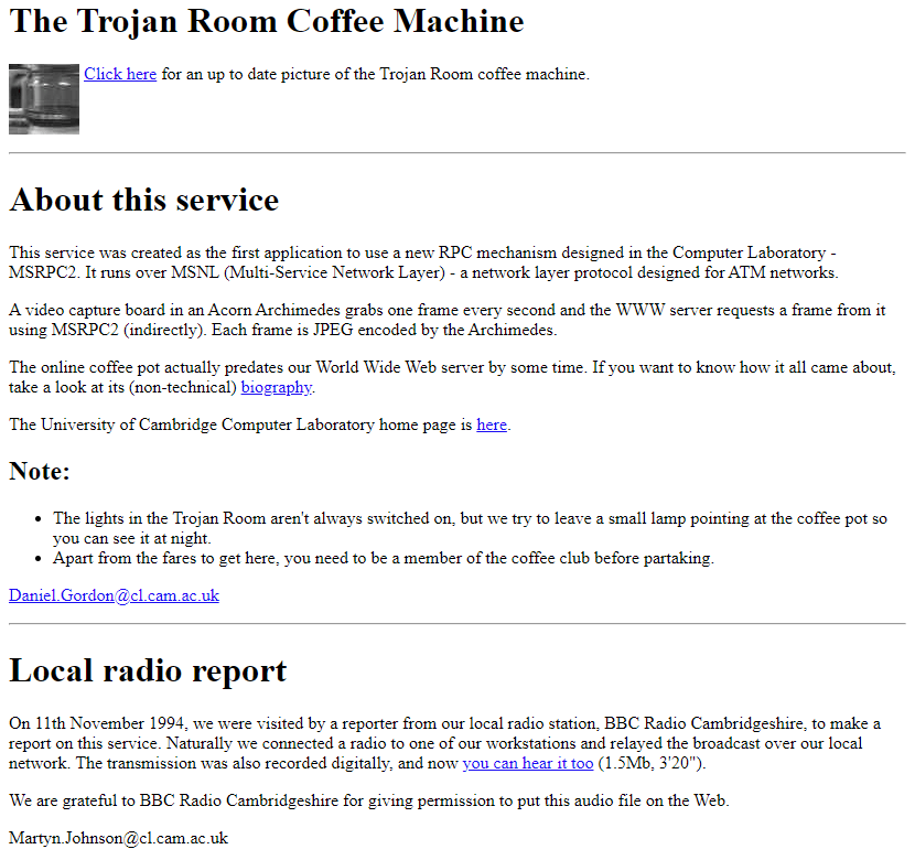 The Trojan Room Coffee Machine website in 1994