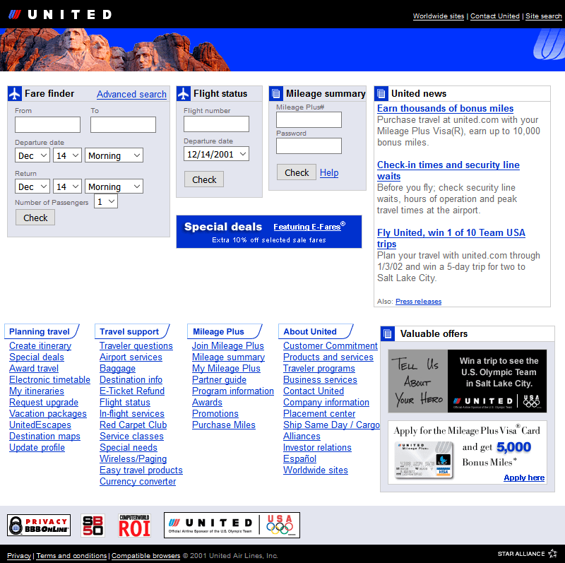 United Airlines website in 2001