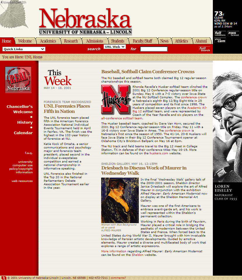 University of Nebraska website in 2001