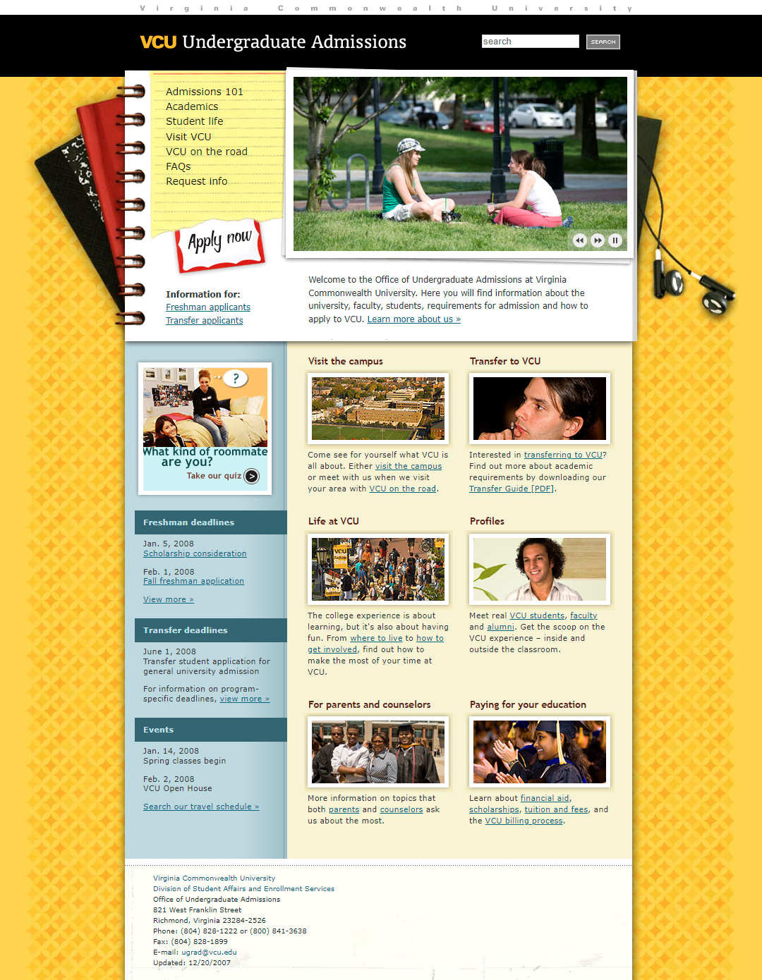 VCU Office of Undergraduate Admissions website in 2007