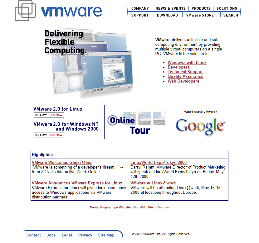 VMware website in 2000