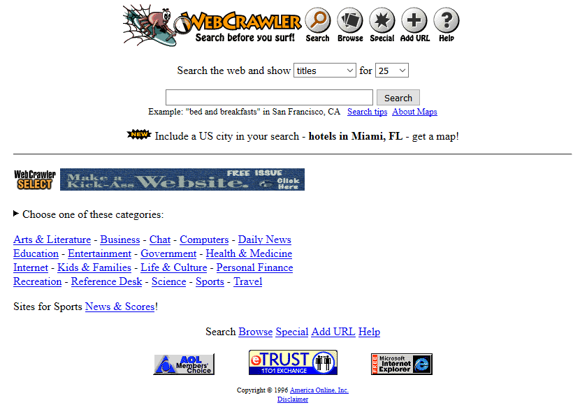 Webcrawler website in 1996