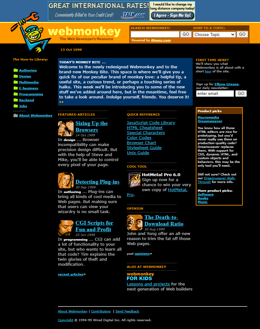 Webmonkey website in 1999