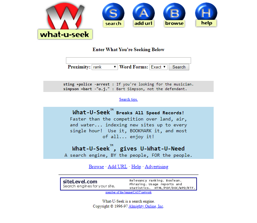 What-U-Seek website in 1997