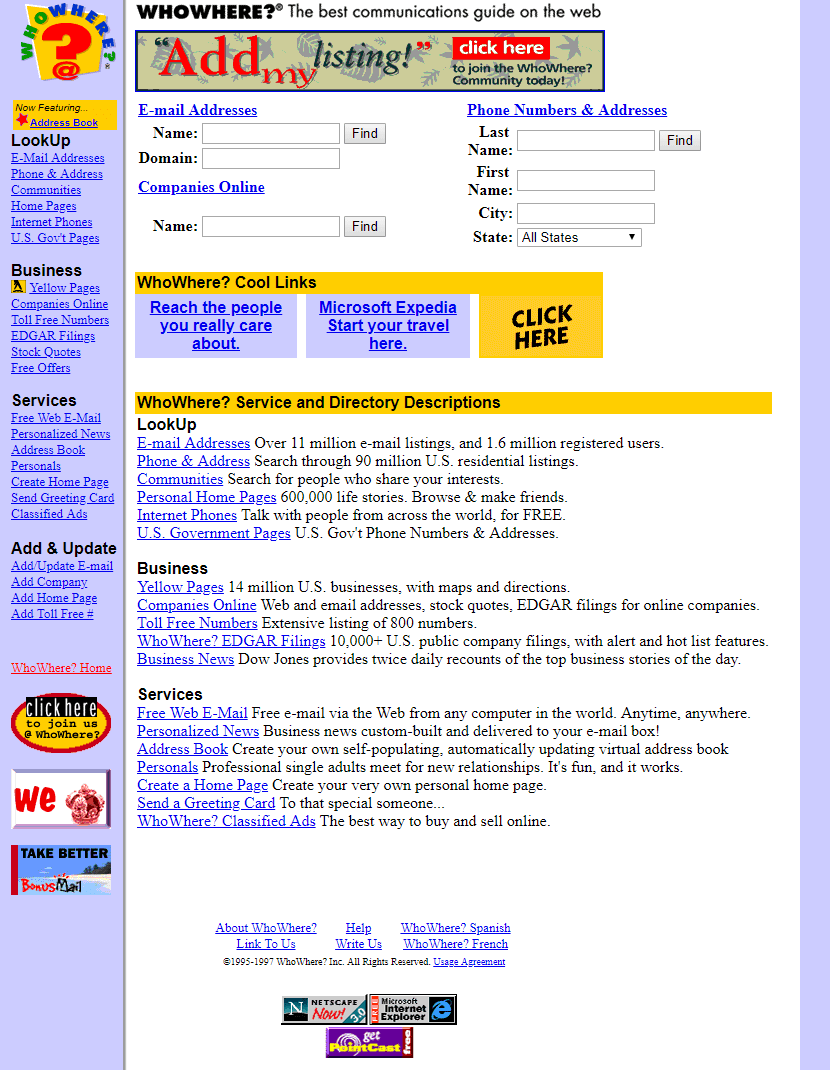 WhoWhere website in 1997