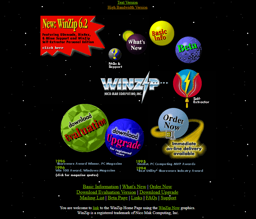 WinZip website in 1996