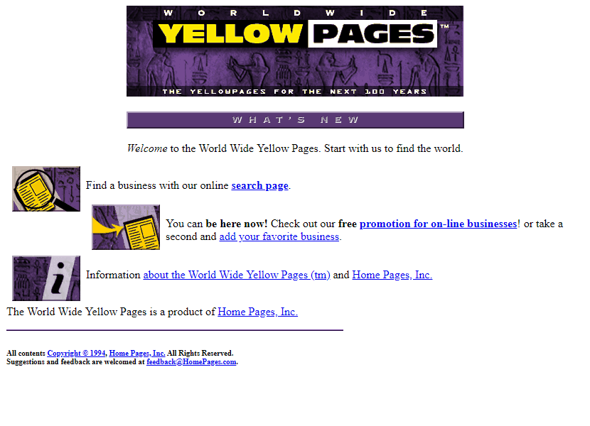 World Wide Yellow Pages website in 1994