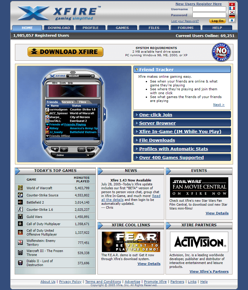 Xfire website in 2005